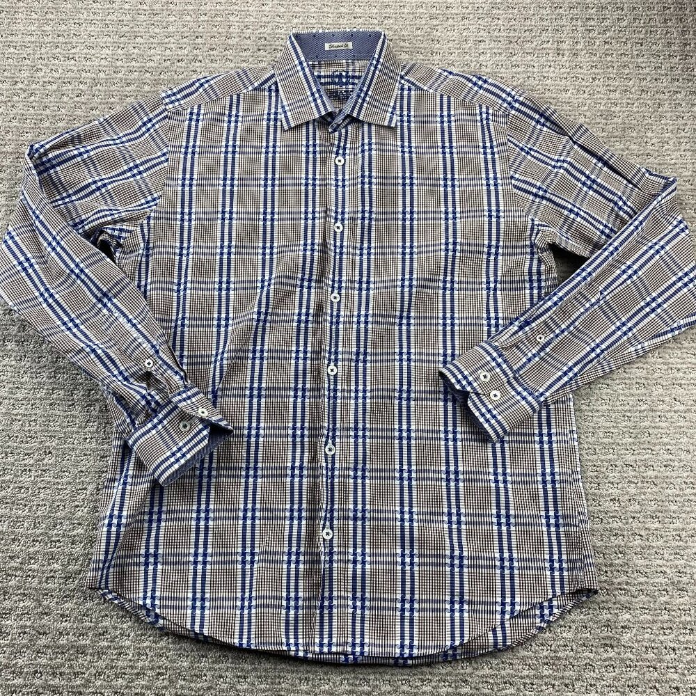 BUGATCHI UOMO Shirt Men Medium M Brown Blue Checkered Button Up Long Sleeve Polo